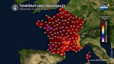 Canicule historique ce jeudi 25 juin : jusqu'à 43,2°C à Beaulieu-sur-Layon (49), 155 records mensuels battus