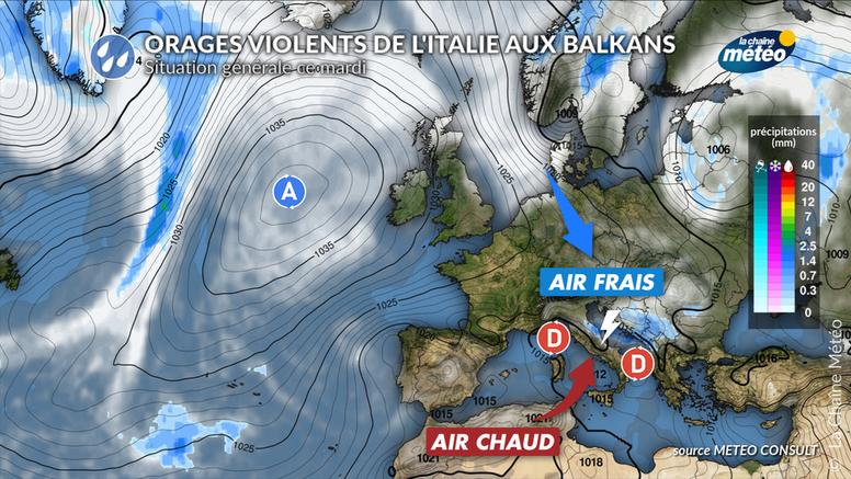Orages violents du nord de l'Italie aux Balkans ce mardi : grosse grêle, violentes rafales et pluies intenses