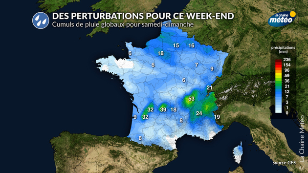 Cumuls de pluie envisagés ce week-end, surtout liés aux orages samedi soir Actualités France