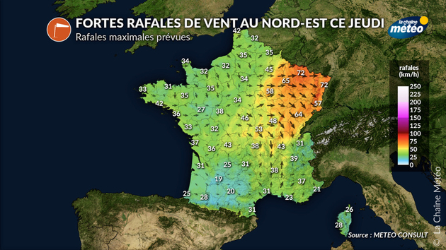 Rafales de vent maximales prévues ce jeudi Actualités France