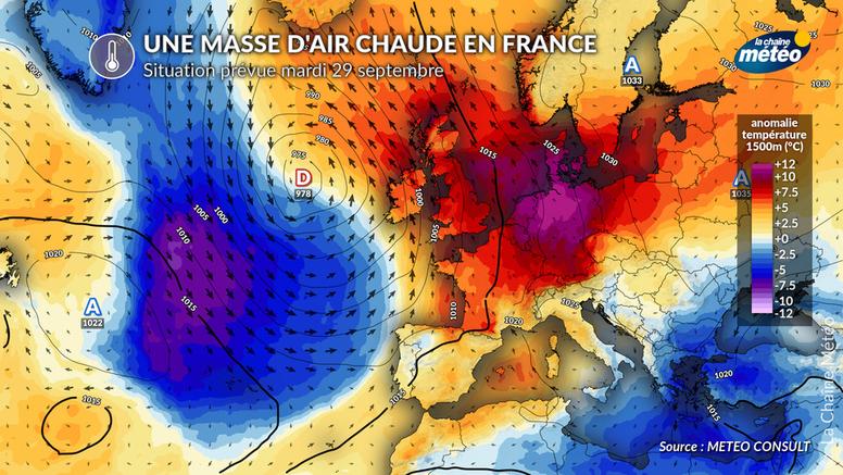Pic de chaleur remarquable mardi en France : jusqu'à +12°C au-dessus des normales de saison