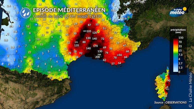 Épisode méditerranéen record : jusqu'à 573 mm de pluie en 24 heures à Solenzara (Haute-Corse).
