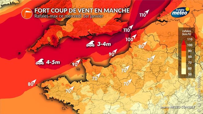 Coup de vent mercredi 1er janvier © la chaîne météo