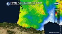 Fortes pluies dans le sud-ouest entre dimanche et mardi : jusqu'à 90 mm