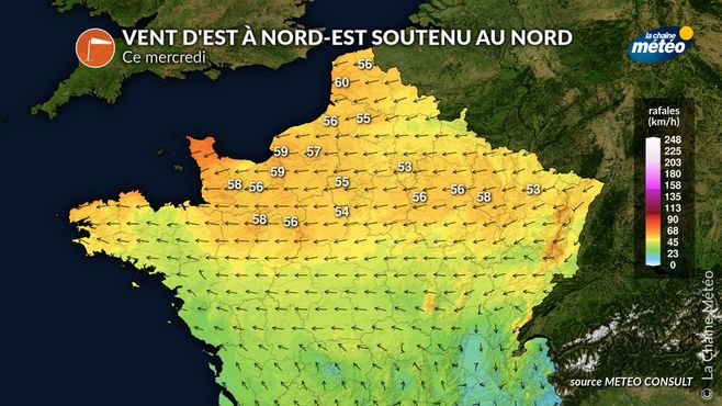 Vent d'est à nord-est soutenu ce mercredi © Meteo Consult / La Chaine Météo