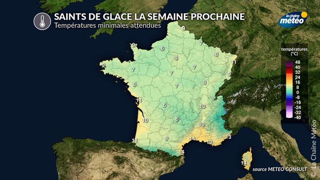Températures minimales prévues pour la période des Saints de Glace © La Chaine Météo