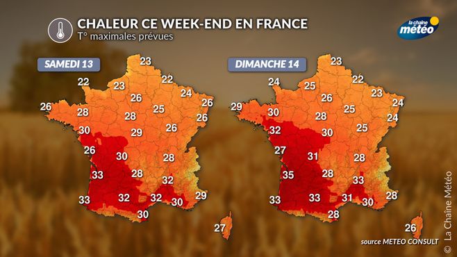 T° maximales prévues ce week-end © La Chaine Météo / Météo Consult