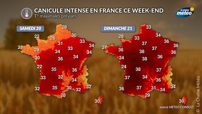 T° maximales attendues ce week-end © La Chaine Météo / Météo Consult