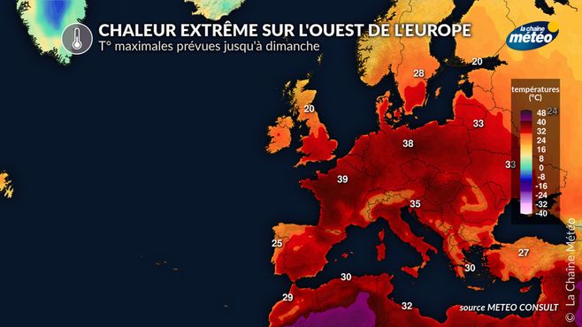 T° maximales prévues en Europe jusqu'à dimanche © La Chaine Météo / Météo Consult