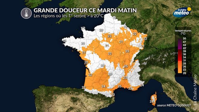 Températures minimales ce mardi matin © La Chaine Météo / Météo Consult