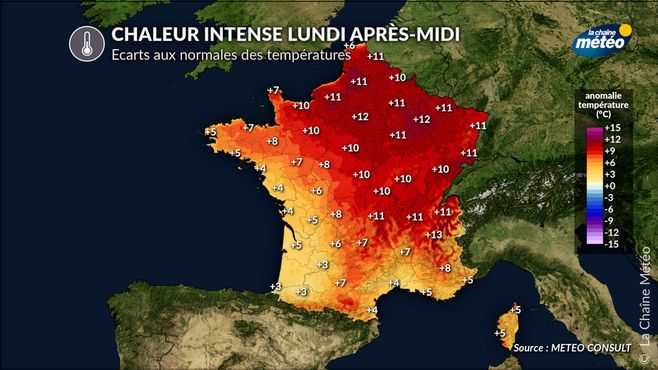 Écarts aux normales des températures lundi après-midi © lachainemeteo