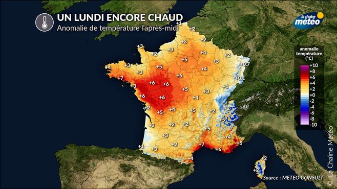 Écarts aux normales des températures lundi © lachainemeteo