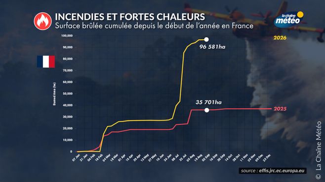 Surfaces brûlées cumulées en France © La Chaine Météo