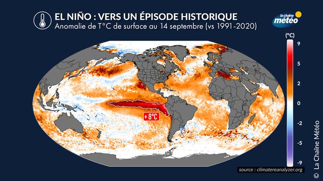 Anomalies des températures de surface des océans : El Niño est particulièrement visible © La Chaine Météo