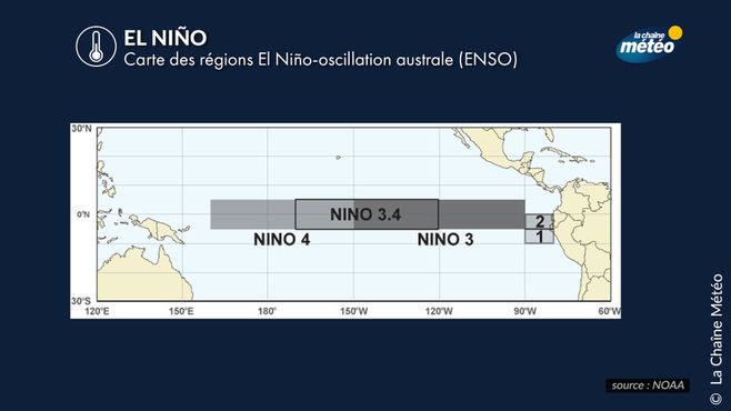 Découpage géographique des zones de mes de la température de l'océan Pacifique © La Chaine Météo